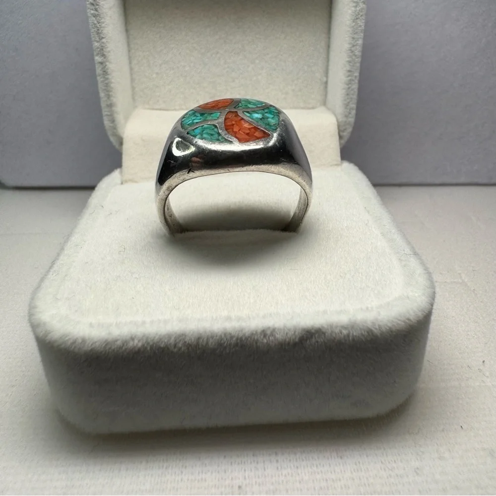 SIGNED CJ Vintage Navajo Turquoise Coral Inlay 925 Sterling Silver Ring Sz 9.75